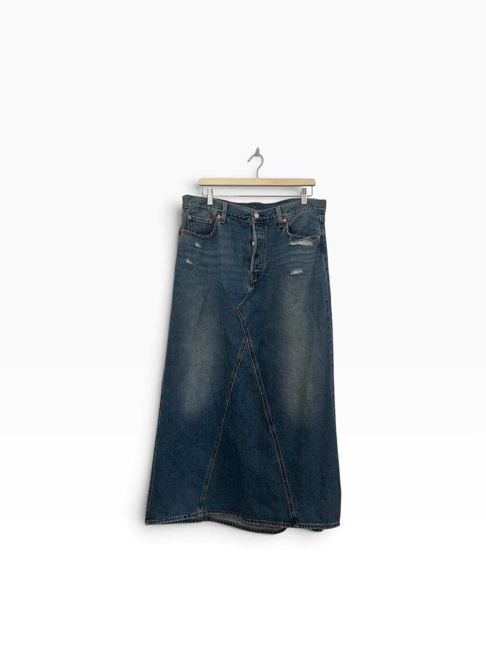 Levi's Distressed Denim Button Fly Wedge Panel A-Line Side Slit Maxi Skirt Sz 32